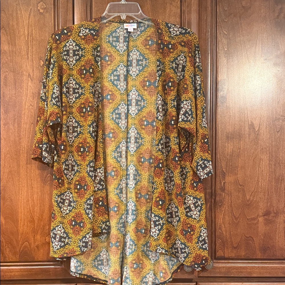 LuLaRoe Lindsay Geometric Patterned Cardigan - Mustard, teal, rust, and cream